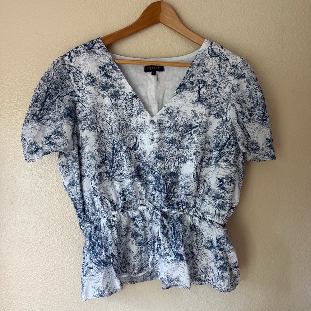 1. State Blue and White Toile V-Neck Peplum Blouse